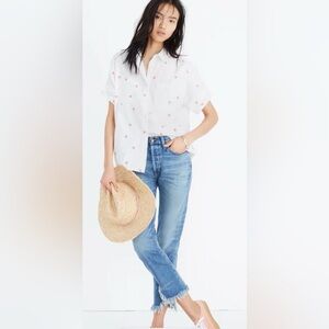 Madewell Women’s Embroidered Daisy Courier Shirt 100% Cotton XS Oversized